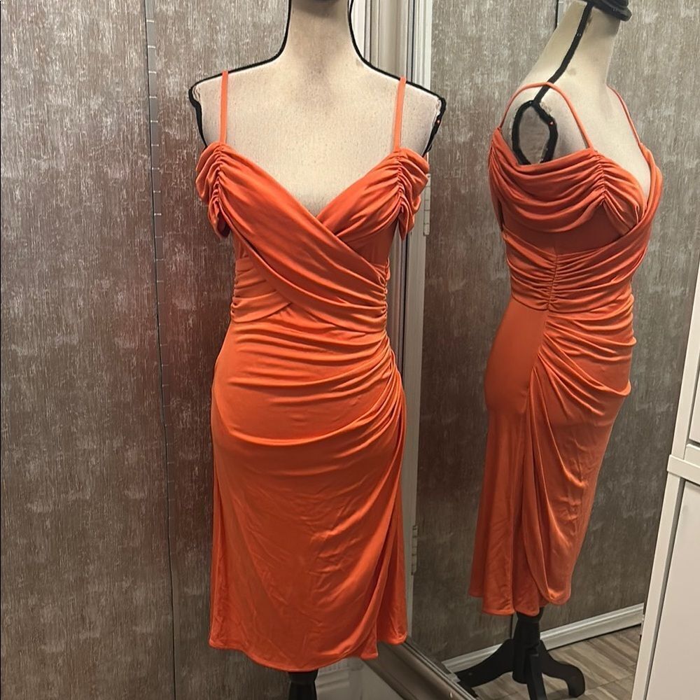 Temperley London Orange Asymmetrical Bodycon Dress with Spaghetti Straps
